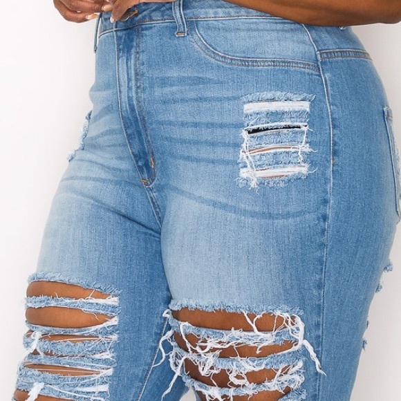 Plus Distressed Fringe High Waist Jeans - Picture 6 of 7